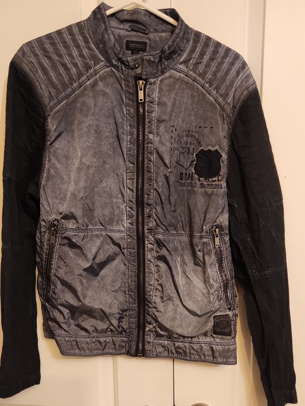 Buffalo David Bitton Distressed Gray Body with Black Sleeves Bomber Jacket